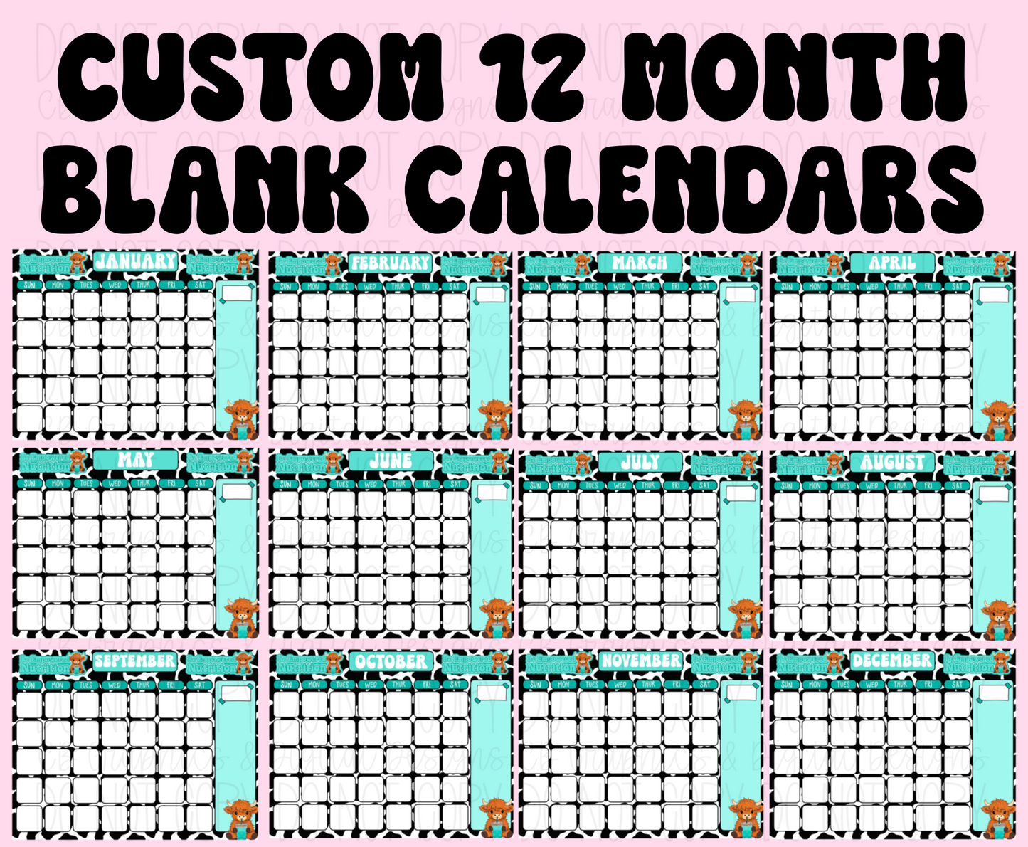 12 Month Blank Custom Calendar