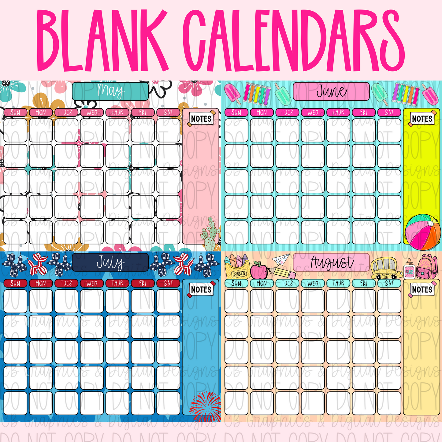 12 Monthly Blank Calendars